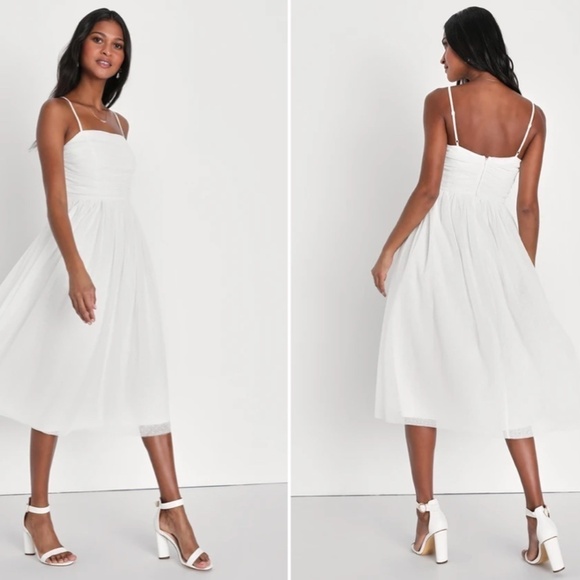 LULU's Bridal Shower Engagement Swiss Dot Romantic Flowy Midi Dress - Picture 3 of 3